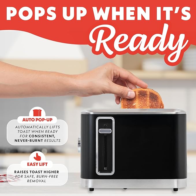 Gourmia 2 Slice Toaster – 6 Browning Levels with Bagel and Defrost Mode One-Touch Toasting Removable Crumb Tray Extra Wide Slots Compact Design Black
