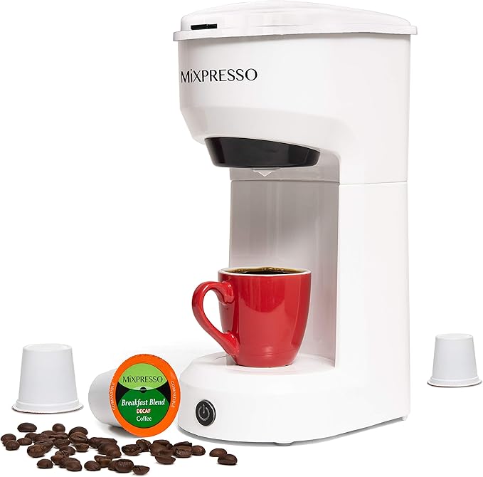 Mixpresso 2-in-1 Single Serve Coffee Maker - K-Cup &amp Ground Coffee Compatible - Fast 2-3 Min Brewing - Compact 14oz White Coffee Machine for Home Office