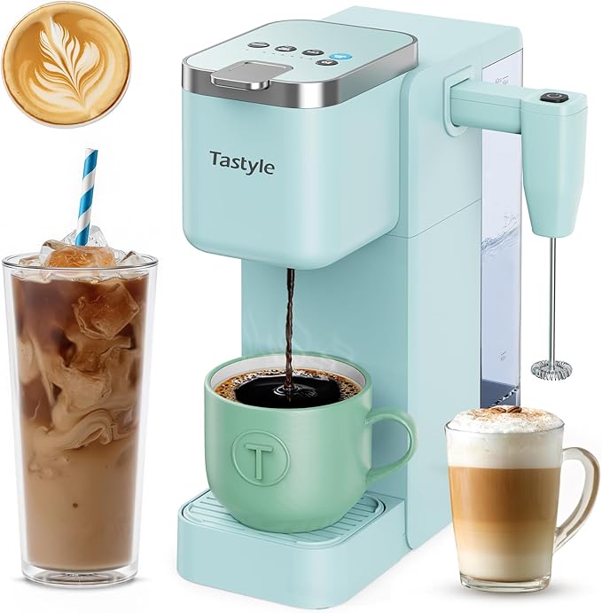 Single Serve Coffee Maker with Built-in Detachable Milk Frother Iced and Hot Coffee Machine for K Cup &amp Grounds 40oz Removable Water Reservoir 6 Cup Sizes Fits 7.3 Travel Mug Teal