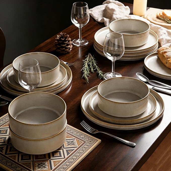 Stoneware Dinnerware Sets for 4 Stoneware Plates and Bowls Set 12-Piece Ribbed Dishes – Chip &amp Scratch Resistant Microwave and Dishwasher Safe Tableware Warm White