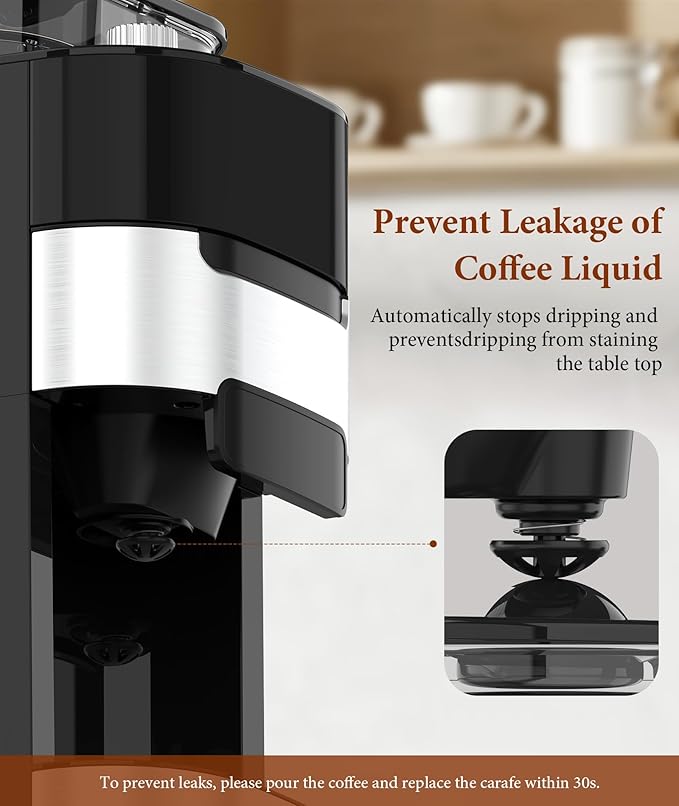 Joy Pebble 10-Cup Drip Coffee Maker with Built-in Grinder Touch-Screen Programmable Brew Coffee Machine with Timer 8 Grinding Settings Reusable Filter Keep Warm Plate 50.7oz Water Tank