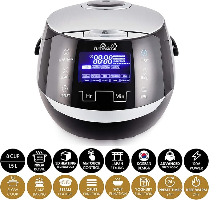Yum Asia Sakura Rice Cooker with Ceramic Bowl and Advanced Fuzzy Logic (8 Cup 1.5 Litre) 6 Rice Cook Functions 6 Multicook Functions Motouch LED Display 120V Power (Black and Silver)