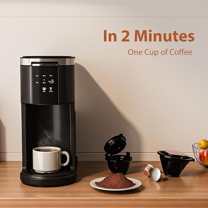 WAA Single Serve Coffee Maker 2 in 1 Coffee Machine for Capsule &amp Ground Coffee 6 to 14oz Brew Size 40oz Removable Reservoir Coffee Brewer with Auto Shut-off Self-Cleaning Memory Function B