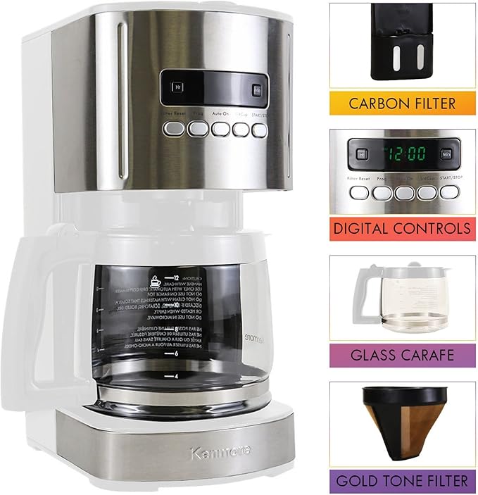 Kenmore drip Coffee Maker - 12 Cup programmable cafe machine with glass pot regular &amp bold brew auto shut off large water reservoir reusable filter kitchen appliances for cafeteria barista Wh