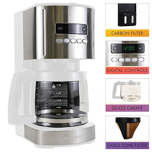 Kenmore Coffee Maker 12 cup Drip Coffee Machine Programmable Aroma Control Glass Carafe &amp Kenmore 2-Slice Toaster White Stainless Steel Extra Wide Slots Bagel and Defrost Functions
