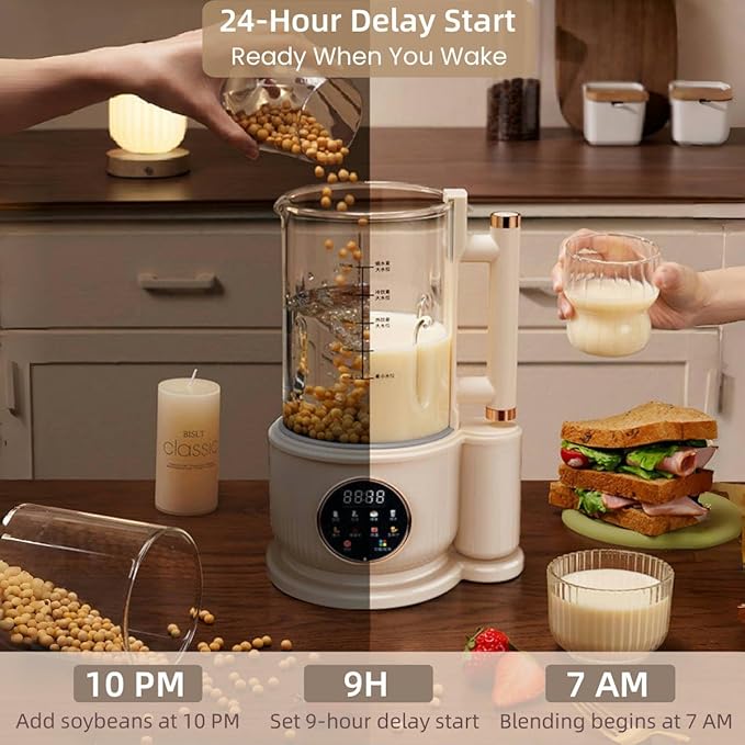8-in-1 Automatic Soy Milk Maker 50.72oz Nut milk maker blender for Almond/Oat/Soy Milk Juice Milkshake Rice Paste glass blender with LED Display Auto Clean 24H Delay Start &amp 12H Keep Warm