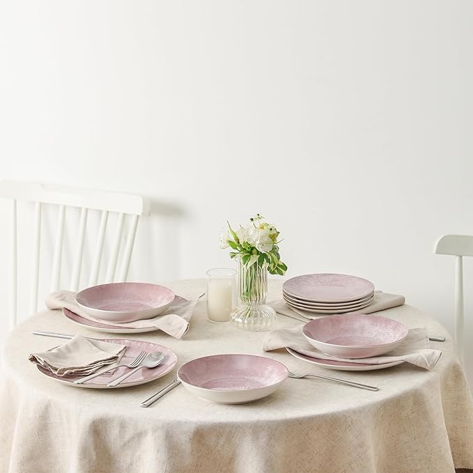 Christian Siriano Onyx 24-Piece Dinnerware Set Porcelain Plates and Bowls Set Hand Wash Dish Dish Set for 8 Pink and Gold