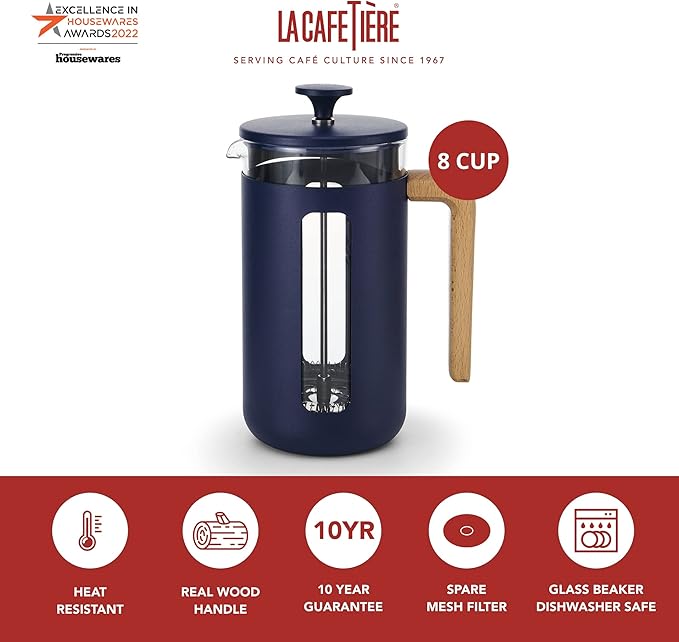 La Cafetière Pisa Cafetière 8-Cup/1L Heat-Resistant Borosilicate Glass and Stainless Steel with Easy-Grip Plunger Large French Press Coffee Maker for Loose Tea and Ground Coffee Navy