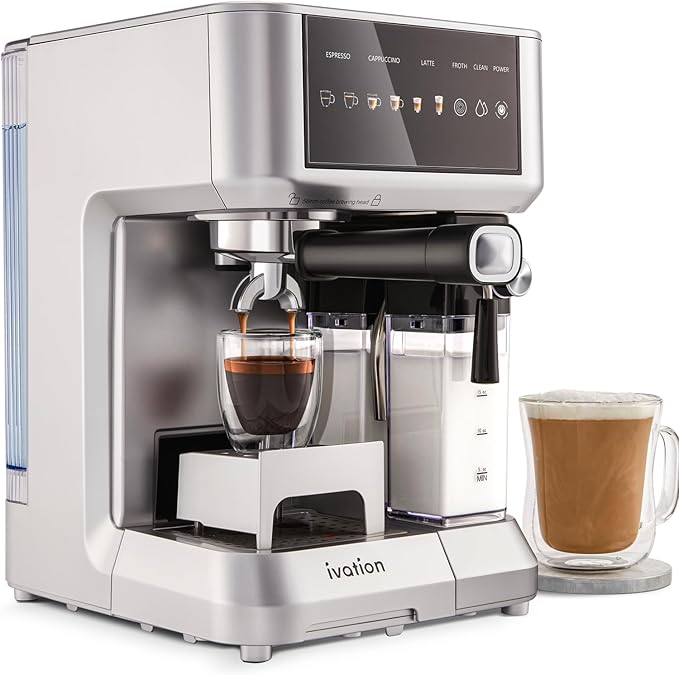 Ivation Espresso &amp Cappuccino Maker w/Milk Frother | 58mm | Coffee Machine for Home | Single &amp Double Shots | Espresso Cappuccino Latte &amp Froth | Auto-Clean &amp Descale - Detachable M