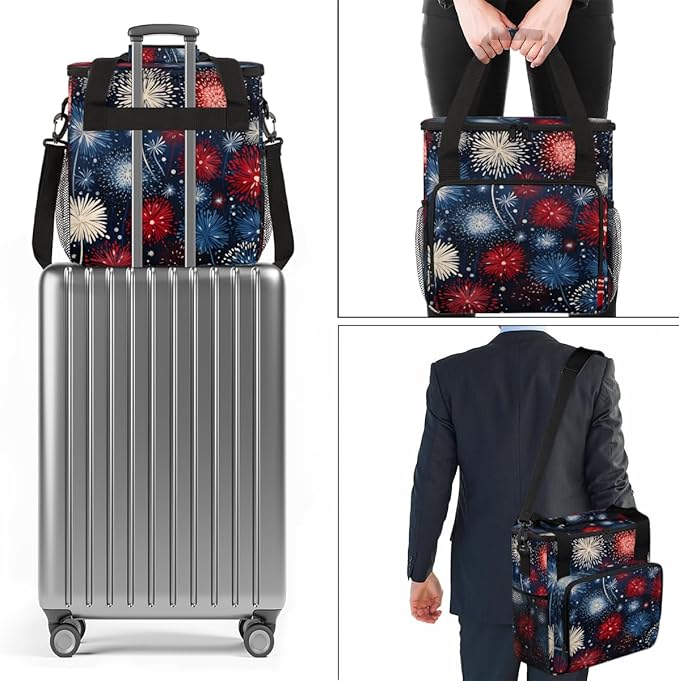 Sparkler-Swirled 4th of July Coffee Maker Carrying Bag Travel Storage Bag Compatible with K-Mini or K-Mini Plus Single Serve Coffee Brewer Carrying Case with Multiple Pockets &amp Shoulder Strap