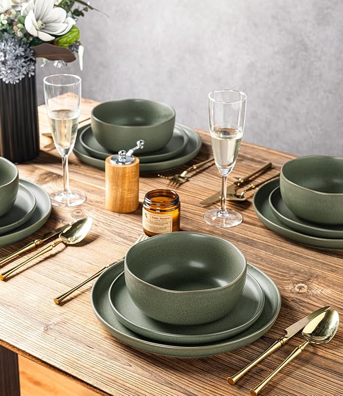 AmorArc Ceramic Dinnerware Sets Wavy Rim Stoneware Plates and Bowls SetsDishwasher &amp Microwave &amp Oven Safe Dishes set Service for 8 (24pc)