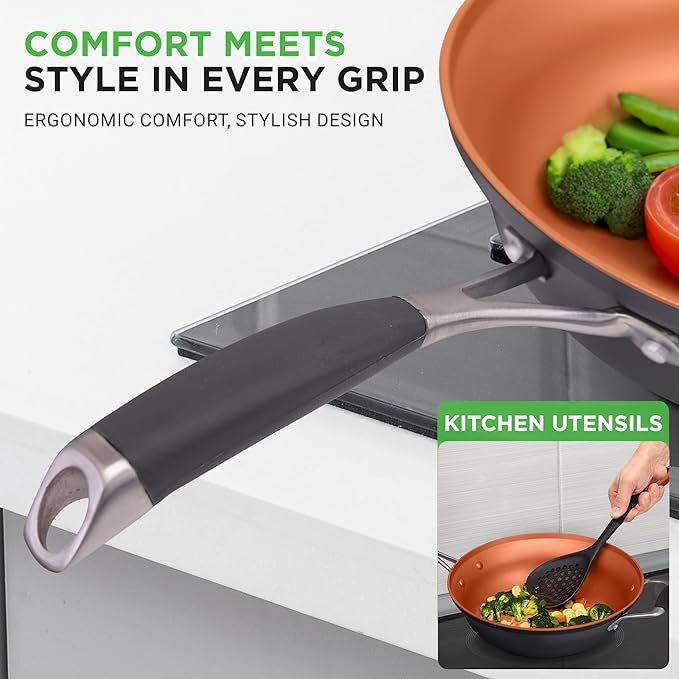 NutriChef 14-Piece Nonstick Kitchen Cookware Set – PFOA/PFOS-Free Copper/Hard-Anodized Induction Compatible Stackable Luxury Design Includes Pots Pans Jumbo Cooker Griddle and Utensils