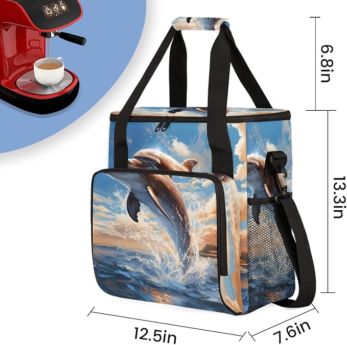 Dolphin Cloud Coffee Maker Carrying Bag Watercolor Dolphin Travel Storage Bag Compatible with K-Mini or K-Mini Plus Single Serve Coffee Brewer Carrying Case with Multiple Pockets &amp Shoulder Stra