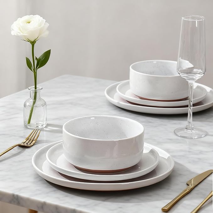 GZG Modern Art Series - 18 Pcs Speckled Stoneware Plates and Bowls Sets Ceramic Dinnerware Set with Rustic Terracotta Underside Microwave and Dishwasher Safe Handcrafted Dishes Set - Porcelain White