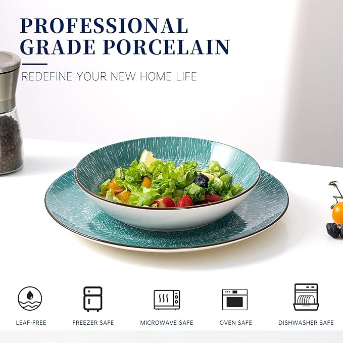 Bestone 12-Piece Round Porcelain Dinnerware Set Service for 4 Chip Resistant Plates and BowlsGreen Dishwasher &amp Microwave Safe for Home Daily Use