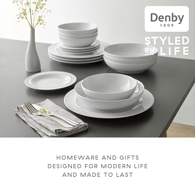Denby - White By Denby Dinner Set For 4-12 Piece Tableware Set - Fine Porcelain Dinnerware Set - Dishwasher Microwave Oven Safe Scratch Resistant - 4 x Dinner Plates Small Plates &amp Cereal Bowls