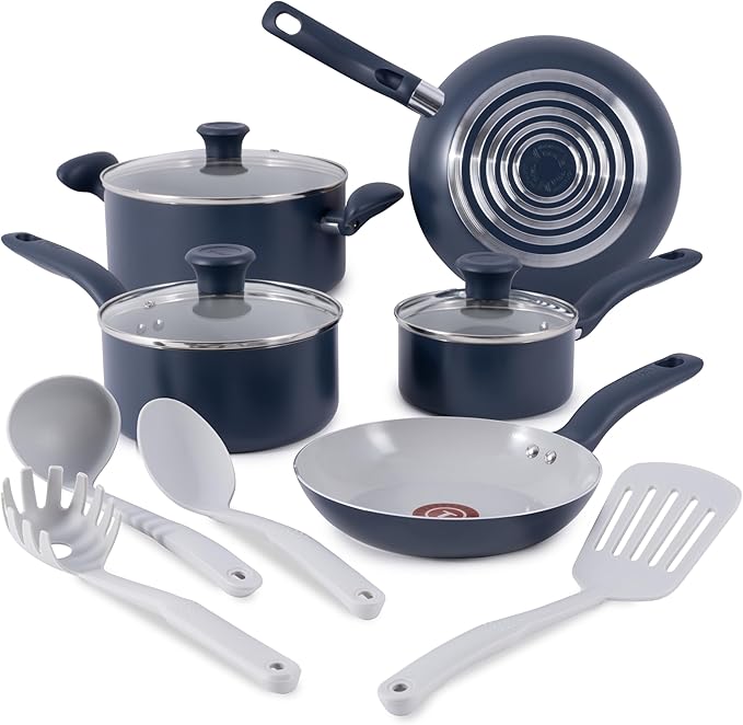 T-Fal Ceramic Nonstick Cookware Set Oven Safe Up to 350ºF 12-Piece Includes Stockpot Frying Pans Utensils Ceramic Pots and Pans Set Dark Blue