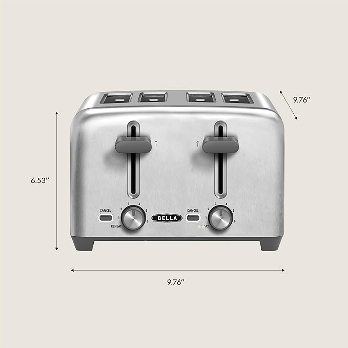 bella 4 Slice Toaster with Auto Shut Off Extra Wide Slots and Removable Drop-Down Crumb Tray with Cancel and Reheat Function For Texas Toast Large Bread &amp Bagel Stainless Steel