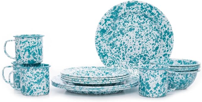 Enamelware Starter Set 16 piece Turquoise/White Splatter