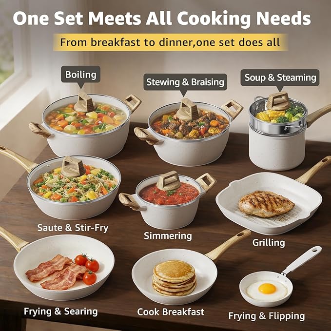 25Pcs Pots and Pans Set Non Stick Ceramic Cookware with Titanium-Reinforced Nonstick Coating PFAS-Free &amp Induction Ready Long-Lasting Performance Full Kitchen Set with 3 Casseroles