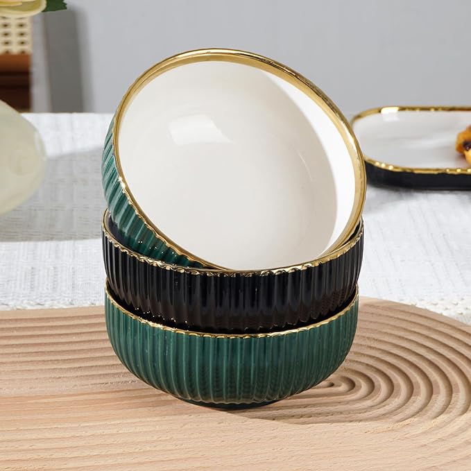 Luxury Black and White Porcelain Dinnerware Set 16 Piece Gold Rim Fluted Rim Design Service for 4 with Plates and Bowls Cups Saucers Dishwasher &amp Microwave Safe Modern (Green)