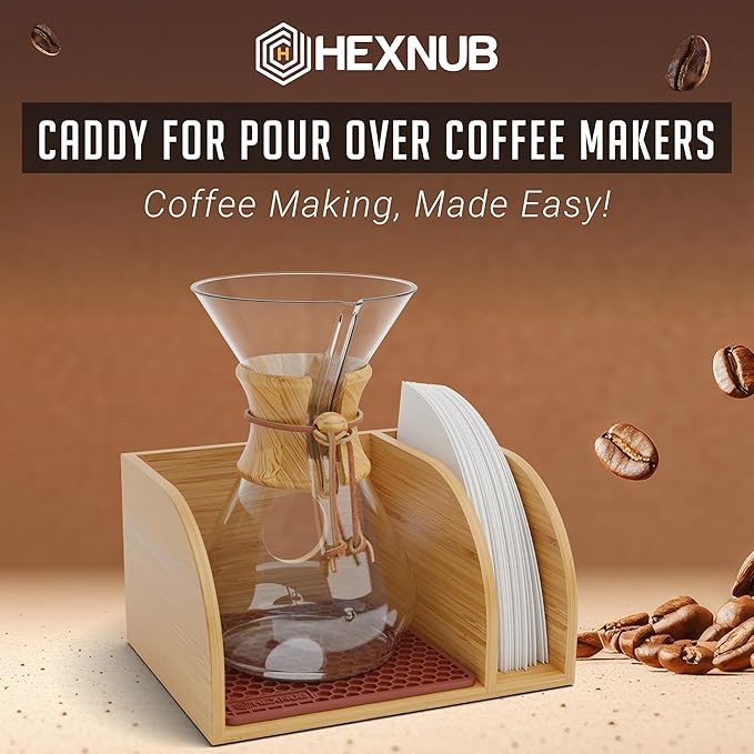 HEXNUB Bamboo Caddy for Pour Over Coffee Maker Fits Chemex Bodum Cosori Heatproof Mat Filter Holder