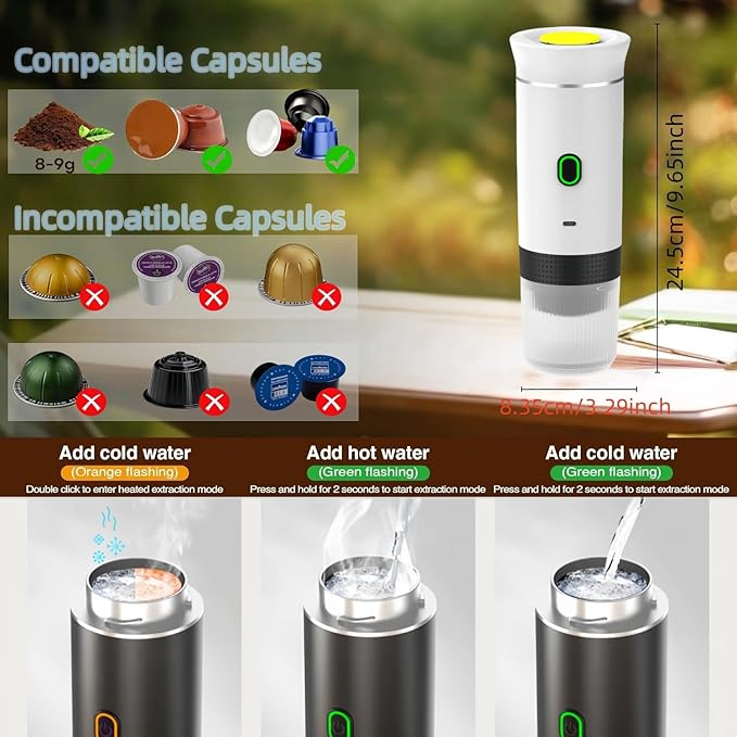 Mini Electric Espresso Coffee Machine Small Self-Heating Portable Car Coffee Maker with Capsule and Ground Coffee for Office RV Travel Camping Hiking (white)