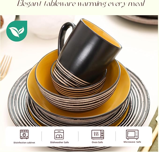 48 Piece Dinnerware Set Ceramic Plates and Bowls Sets for 8 Microwave and Dishwasher Safe Handcrafted Tree Bark Series Dish Set Sunflower/Yellow