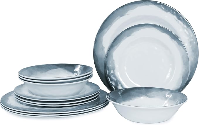 Melamine Dinnerware Sets-12 Pieces Outdoor Plates and Bowls Set for 4 Durable Dinner Plates for Camping Picnics Party Chip Resistant Dishes Grey Blue Dishwasher Safe