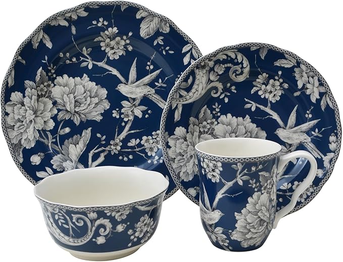 222 Fifth Adelaide 32-Piece Porcelain Dinnerware Set – Service for 4 Romantic Bird &amp Floral Design Everyday Big Dinner Plates and Bowls Sets Microwave &amp Dishwasher Safe