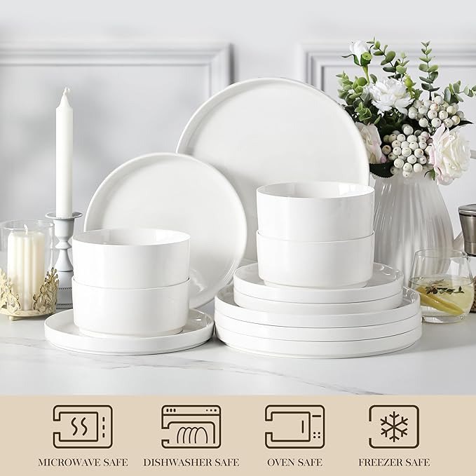 MALACASA 12 Pieces Porcelain Dinnerware Set Bundles 10 Large Pasta Bowls 56 OZ White