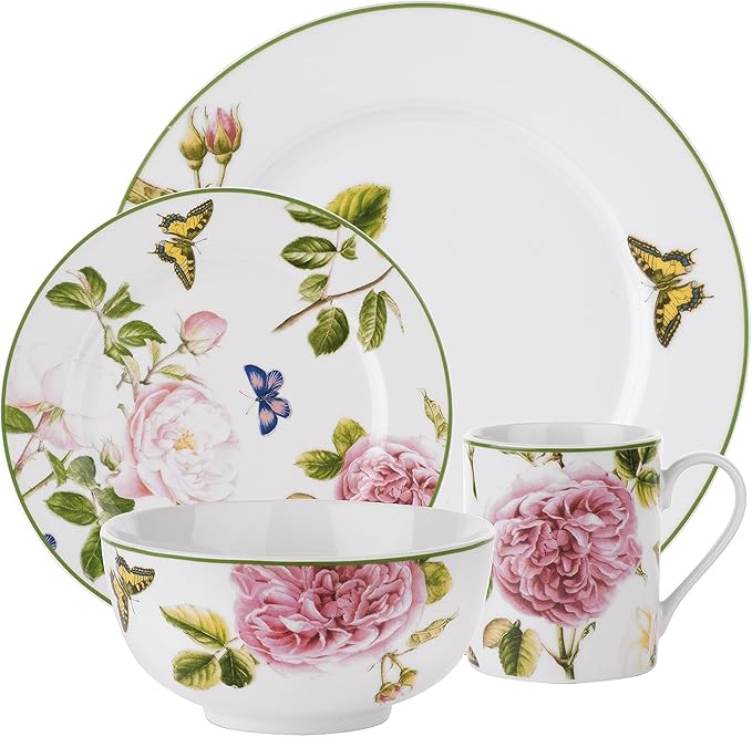 Portmeirion Home Roses 16 Piece Set - Delicate Pink Rose &amp Butterfly Pattern Dishwasher Safe Porcelain Dinnerware for Garden Parties Bridal Showers Tea Time &amp Family Gatherings - 10.5 Plat