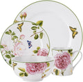 Portmeirion Home Roses 16 Piece Set - Delicate Pink Rose &amp Butterfly Pattern Dishwasher Safe Porcelain Dinnerware for Garden Parties Bridal Showers Tea Time &amp Family Gatherings - 10.5 Plat