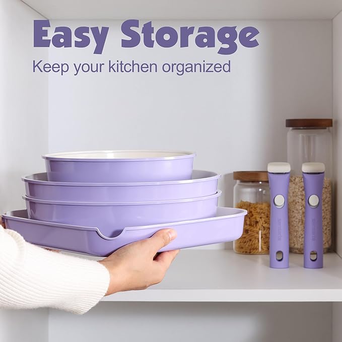 SENSARTE 17 Piece Ceramic Pots and Pans Set Nonstick Detachable Handle Cookware Induction Kitchen Cookware Set with Removable Handle Dishwasher ＆ Oven Safe (Purple)