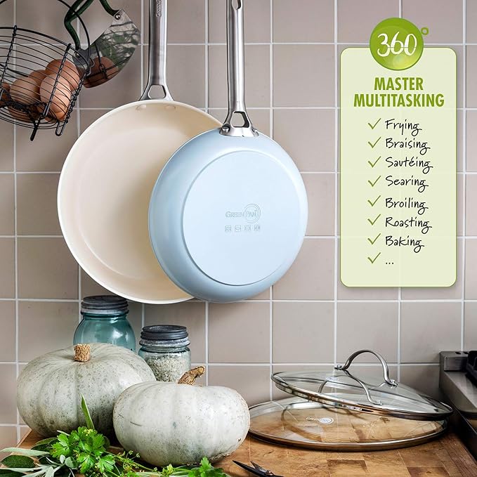 GreenPan Padova Hard Anodized Healthy Ceramic Nonstick 8 and 10 Frying Pan Skillet Set PFAS-Free Dishwasher Safe Light Blue