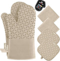 KEGOUU Oven Mitts and Pot Holders 6pcs Set Kitchen Oven Glove High Heat Resistant 500 Degree Extra Long Oven Mitts and Potholder with Non-Slip Silicone Surface for Cooking (Almond)