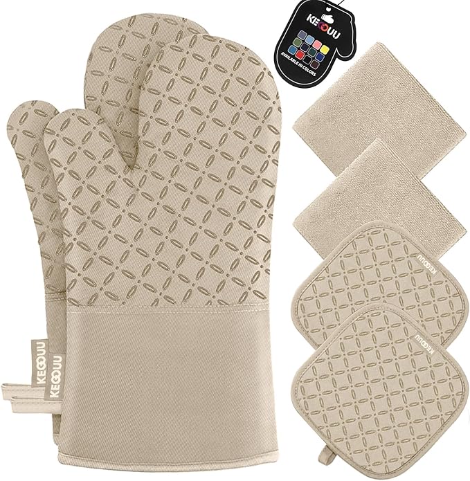 KEGOUU Oven Mitts and Pot Holders 6pcs Set Kitchen Oven Glove High Heat Resistant 500 Degree Extra Long Oven Mitts and Potholder with Non-Slip Silicone Surface for Cooking (Almond)