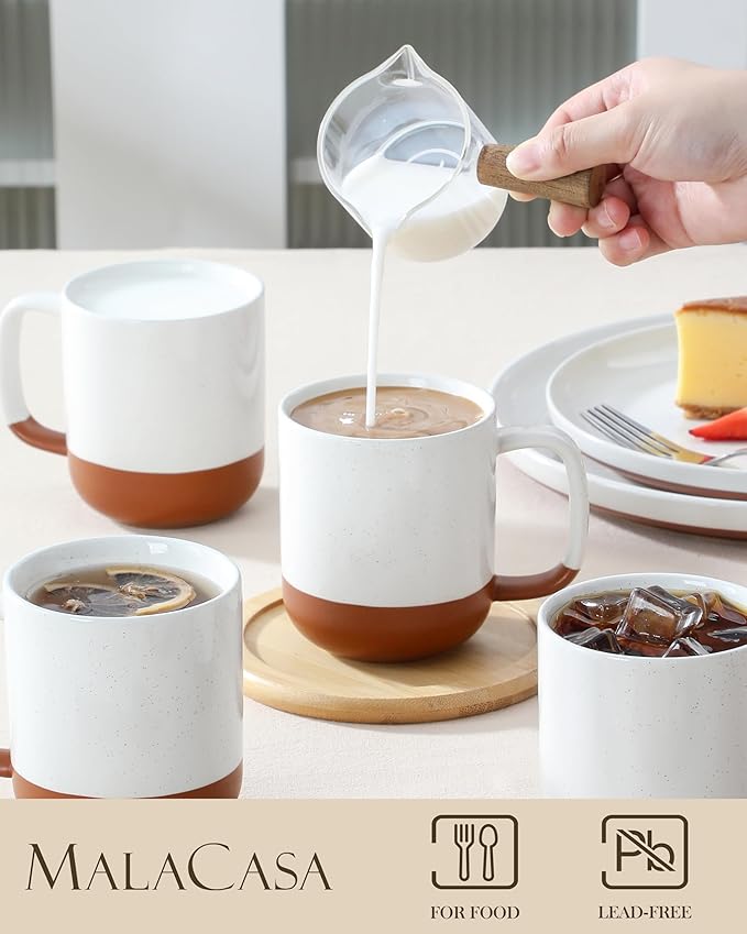 MALACASA Ceramic Coffee Mugs Set of 4 11oz Coffee Cups Modern Farmhouse Mugs for Coffee Latte Tea Hot Chocolate Cappuccino Milk Microwave &amp Dishwasher Safe Khaki White Series TARA