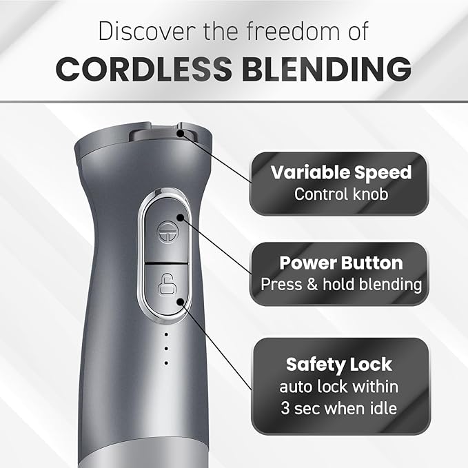 Elite Gourmet EHB1300 Cordless Rechargeable Hand Blender Variable Speed Blending with One-Touch Power Button Stainless Steel Blades Portable Easy Control Stick Mixer Baby Food Charcoal Grey