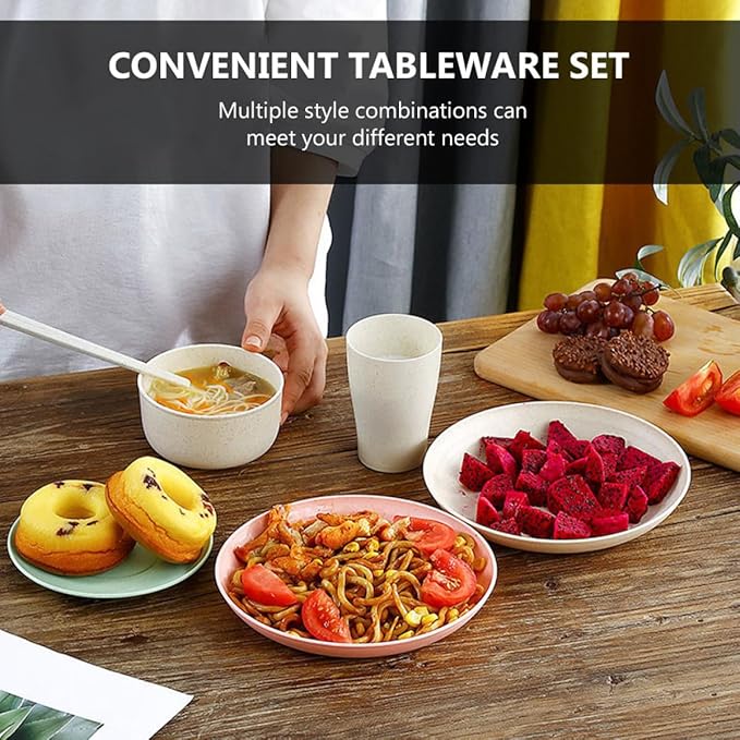 Portable Wheat Fiber Dinnerware Set 28pcs with Plates Bowls Cups and Cutlery Reusable Eco-friendly Tableware for Camping Travel and Everyday Use