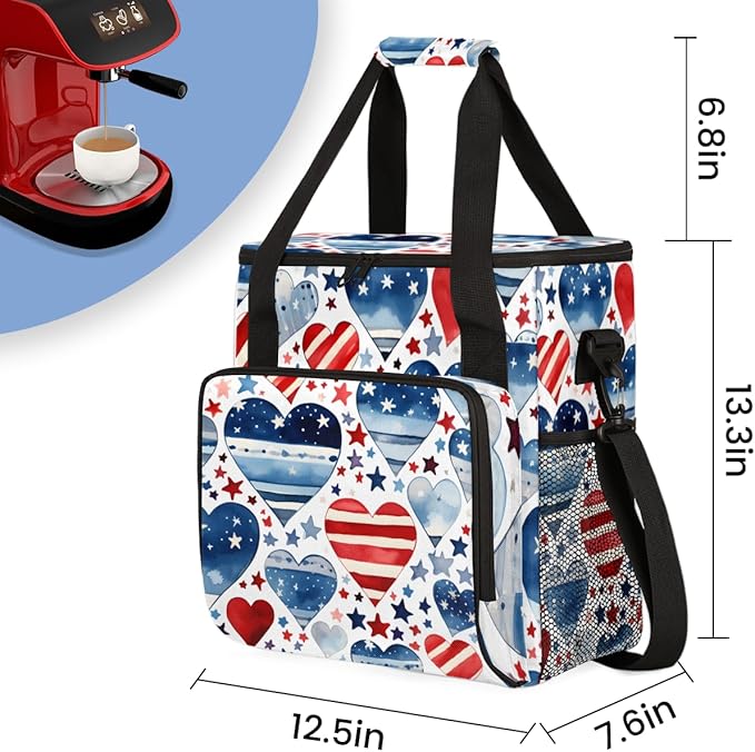 Patriotic Hearts 4th of July Coffee Maker Carrying Bag Travel Storage Bag Compatible with K-Mini or K-Mini Plus Single Serve Coffee Brewer Carrying Case with Multiple Pockets &amp Shoulder Strap