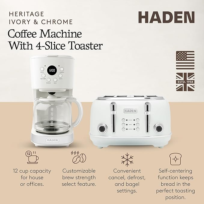 Haden Heritage 4 Slice Wide Slot Stainless Steel Toaster Bundled with 12 Cup Programmable Drip Coffee Maker Coffee Machine Ivory &amp Chrome