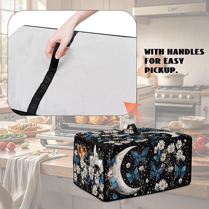 Buttefly Print Toaster Oven Cover for Kitchen Counter Decorative Daisy Moon Print Smart Microwave Oven Protector Dustproof Stain Resistant Bread Maker Cover Black
