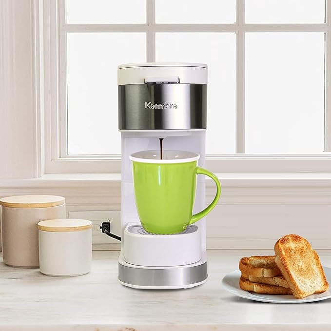 Kenmore Single Serve Coffee Maker – Compatible with Keurig K‑Cup Pods &amp Ground Coffee One Cup Brewer 6–14 Oz Brew Sizes Travel Mug Friendly Auto Shut‑Off Hot &amp Iced Maquina de cafe White
