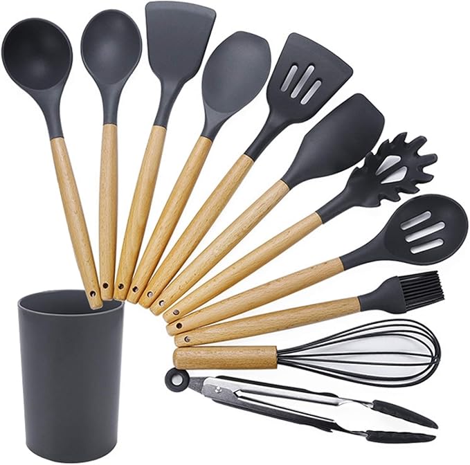 Kn020 11 in 1 Wooden Handle Silicone Non-Stick Spatula Spoon Kitchen Tool + Bucket Set Cookware Set Cookware Picnic Boiler Cookware