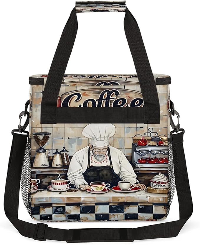 Coffee Chef Pattern Coffee Maker Carring Bag Travel Carrying Storage Tote Bag Compatible with Keurig K-Mini or K-Mini Plus Portable Single Serve Coffees Brewer Case with Pockets for K-cup Pods