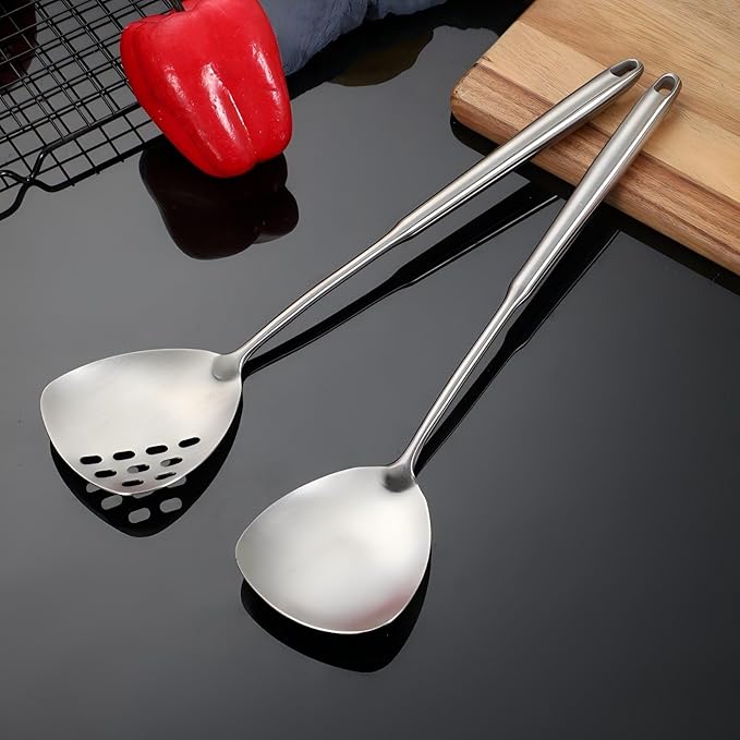 6Pcs Stainless Steel Kitchen Utensils Set – Cooking Utensils Set Stainless Steel Metal Cooking Utensils with Wok Spatula Serving SpoonsLadle Set– Durable Cooking Supplies for Home and Camping