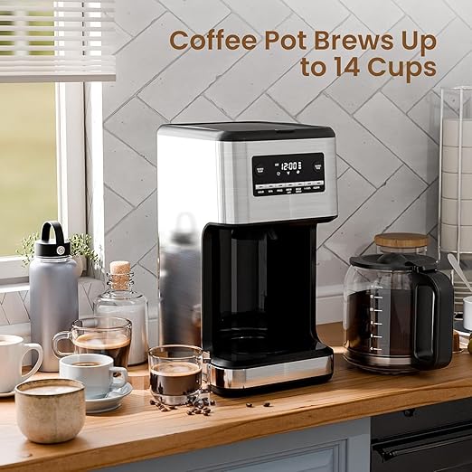 Coffee Maker 14-Cup Programmable Drip Coffee Makers with Reusable Filter &amp Keep Hot Plate Auto Pause Small Coffee Machines with Coffee Pot Timer Self-cleaning for Home Stainless Steel