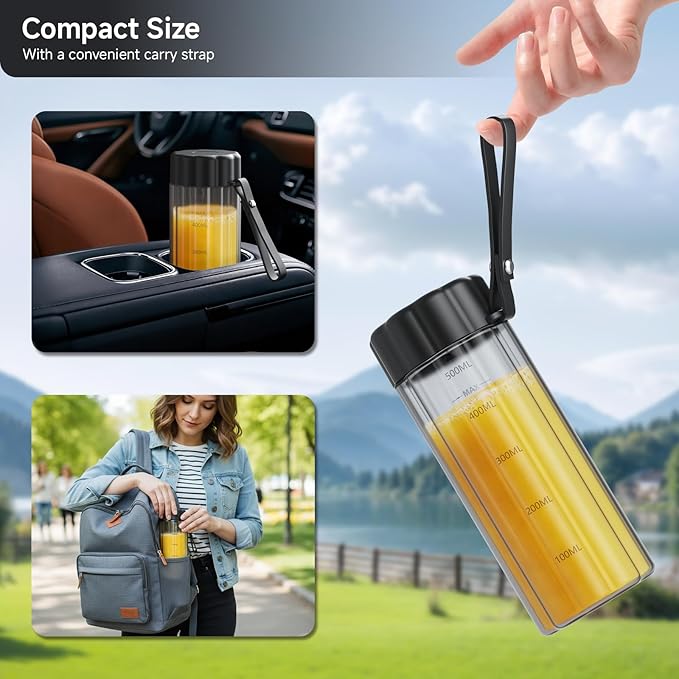 Portable Blender Small Smoothie &amp Shake Maker with 6 Blades USB-C Rechargeable Personal Blender with LED Display Travel-Friendly Mini Juicer Cup for Home Office Gym Outdoor 17oz Black