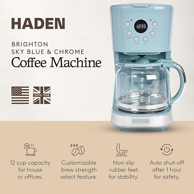 Haden Brighton Coffee Machine 12 Cup Programmable Drip Coffee Maker with Auto Shut-Off Function and Reusable Washable Water Filter Sky Blue &amp Chrome